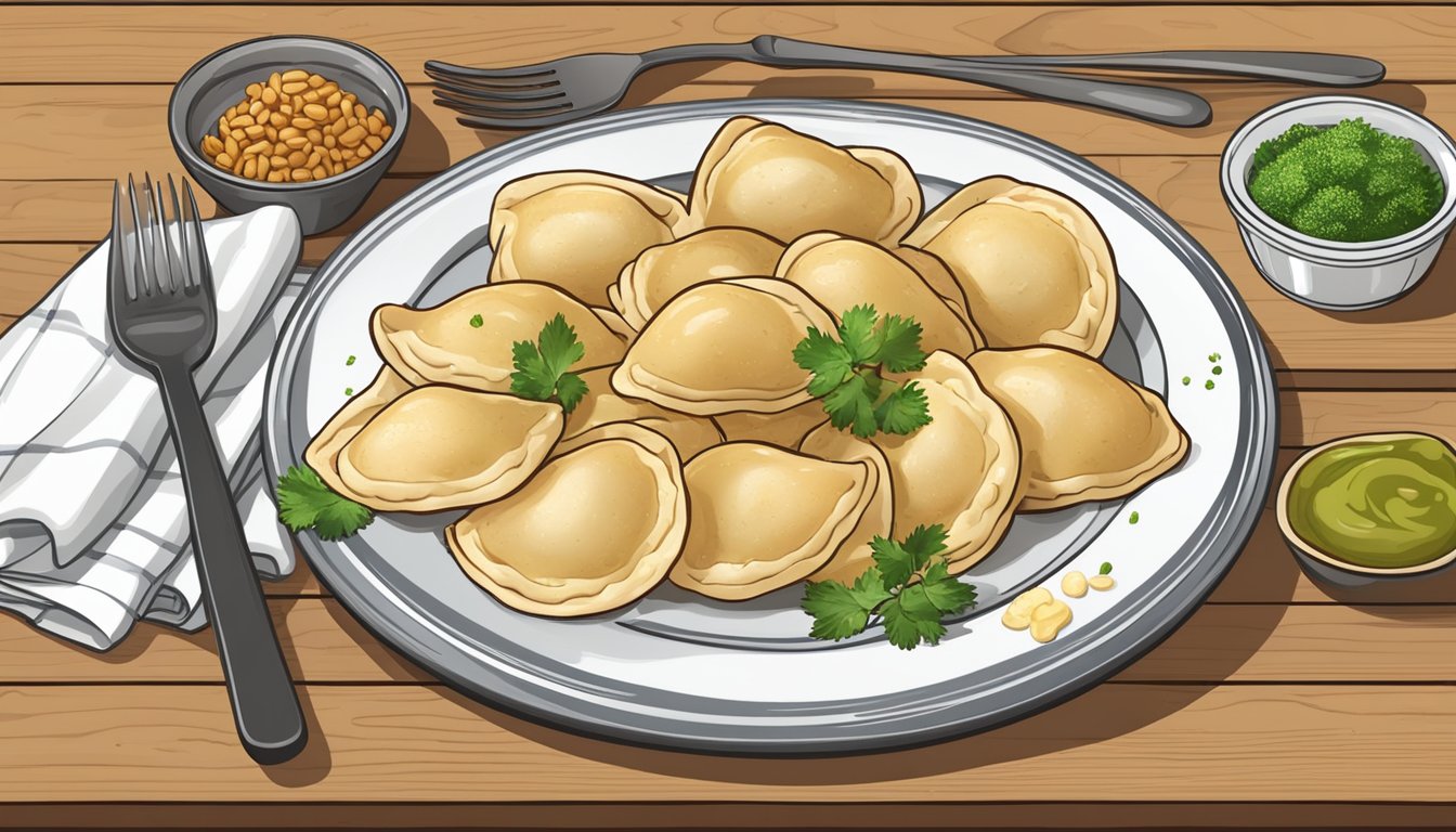 A plate of pierogi with various toppings, surrounded by utensils and napkins on a wooden table