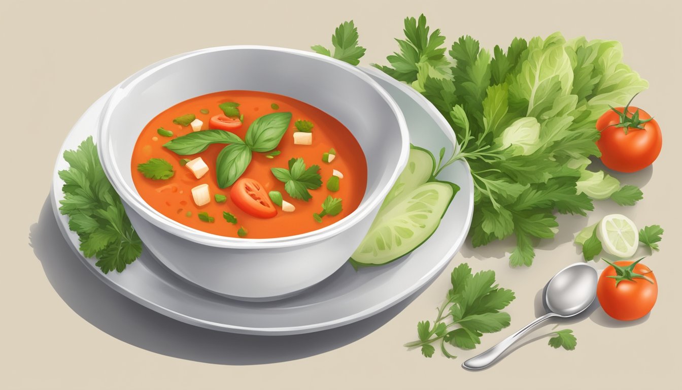 A bowl of gazpacho surrounded by fresh vegetables and herbs, with a spoon resting on the side