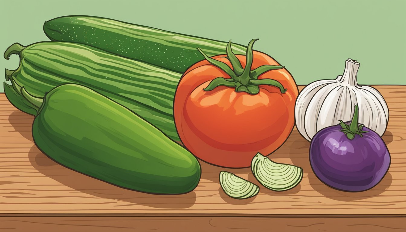 A colorful array of fresh tomatoes, cucumbers, bell peppers, onions, and garlic, arranged on a wooden cutting board, ready to be chopped and blended into gazpacho