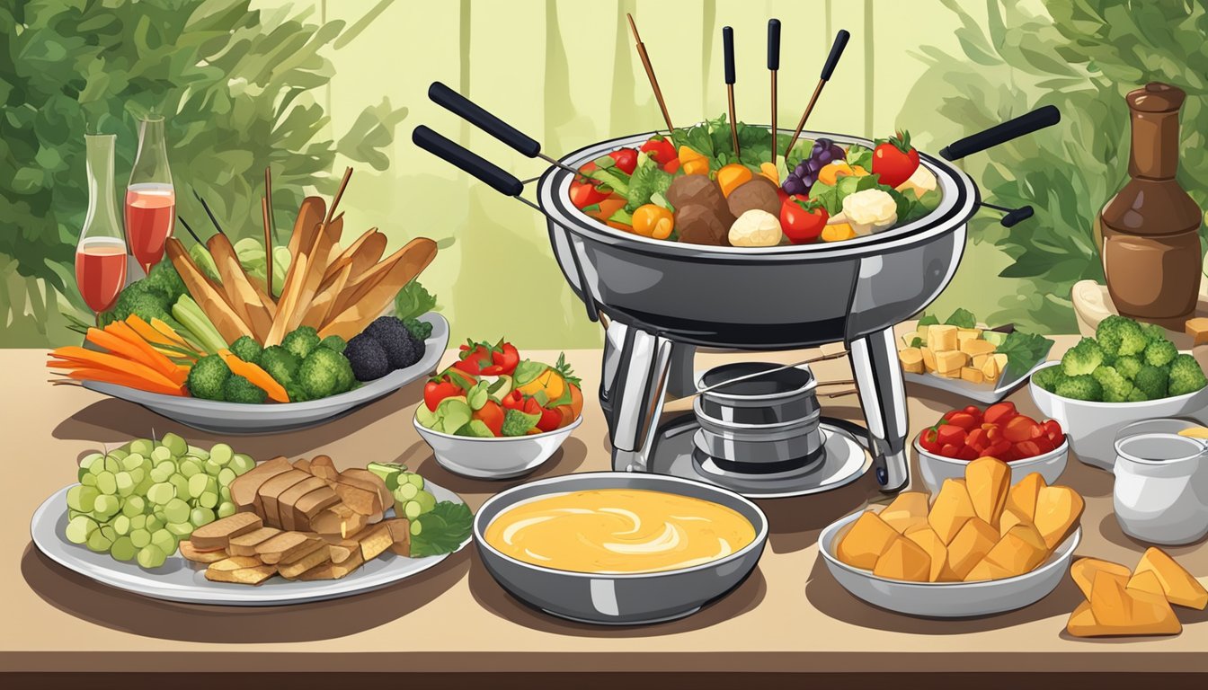 A table set with a fondue pot, skewers, and a variety of dipping foods such as bread, vegetables, and fruits