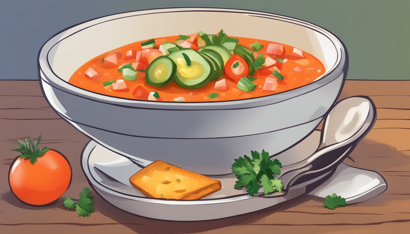 A bowl of gazpacho with a garnish of diced vegetables and a drizzle of olive oil, served alongside a slice of crusty bread