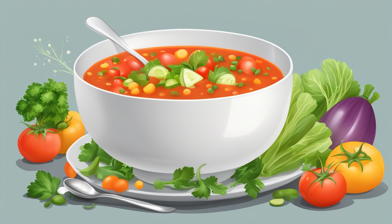 A bowl of gazpacho surrounded by fresh vegetables and a spoon