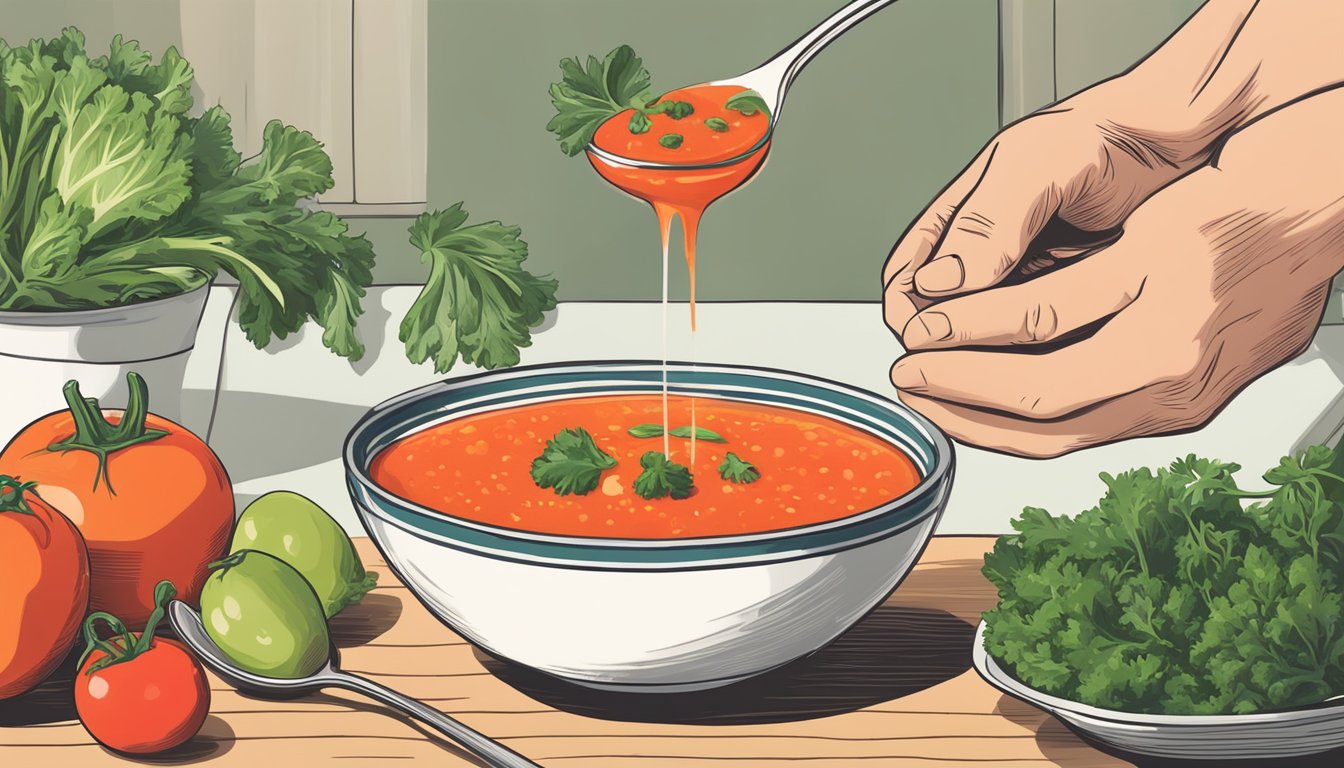 A person holding a spoonful of gazpacho, with a bowl and fresh vegetables in the background