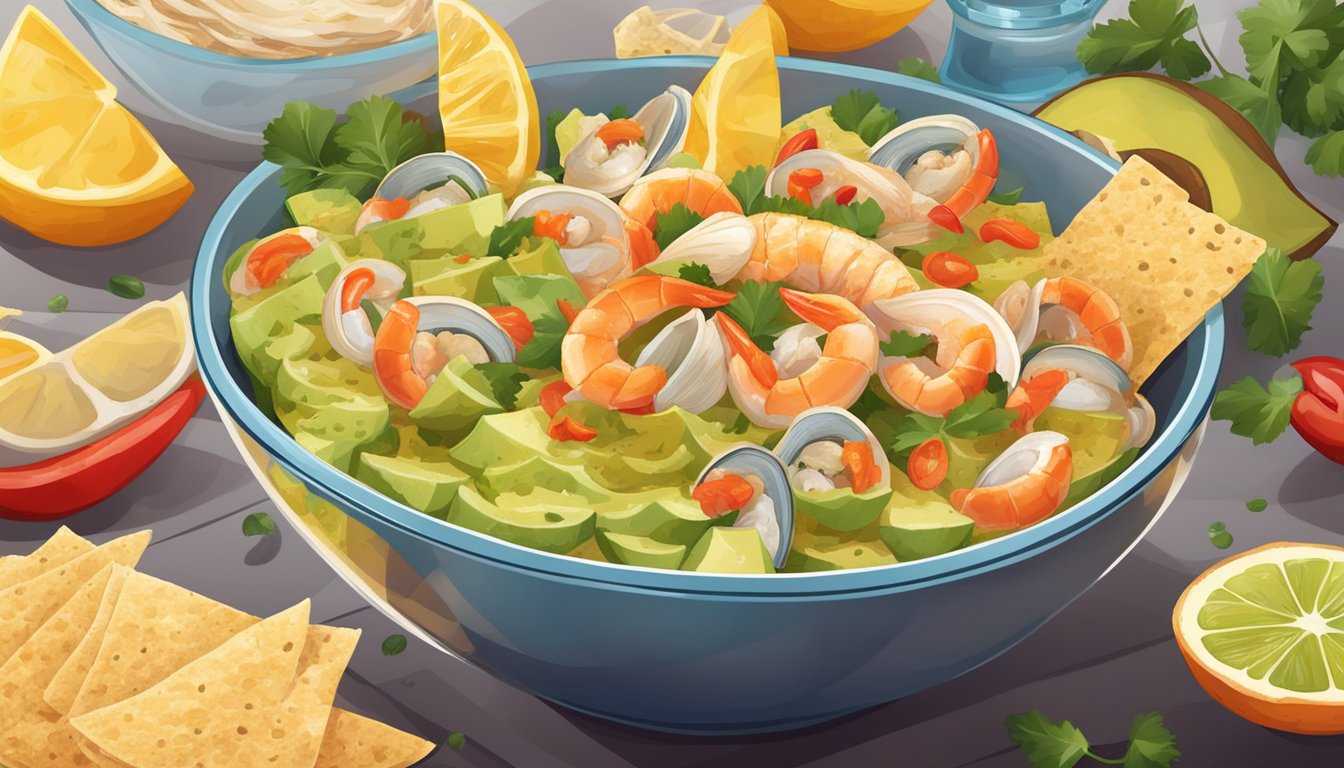 A bowl of fresh seafood, marinating in citrus juices with diced onions and peppers, surrounded by slices of ripe avocado and crispy tortilla chips