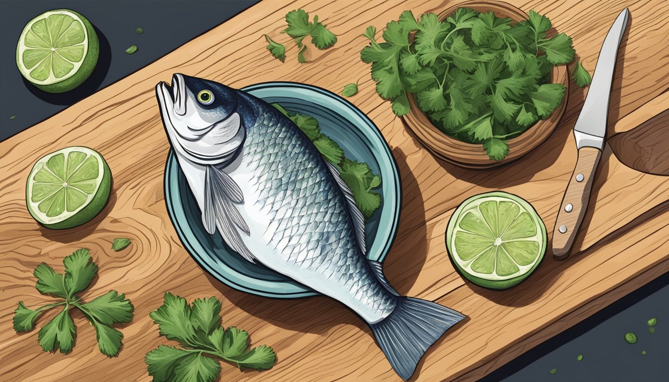 A hand reaching for a bowl of fresh fish, lime, onion, and cilantro on a wooden cutting board