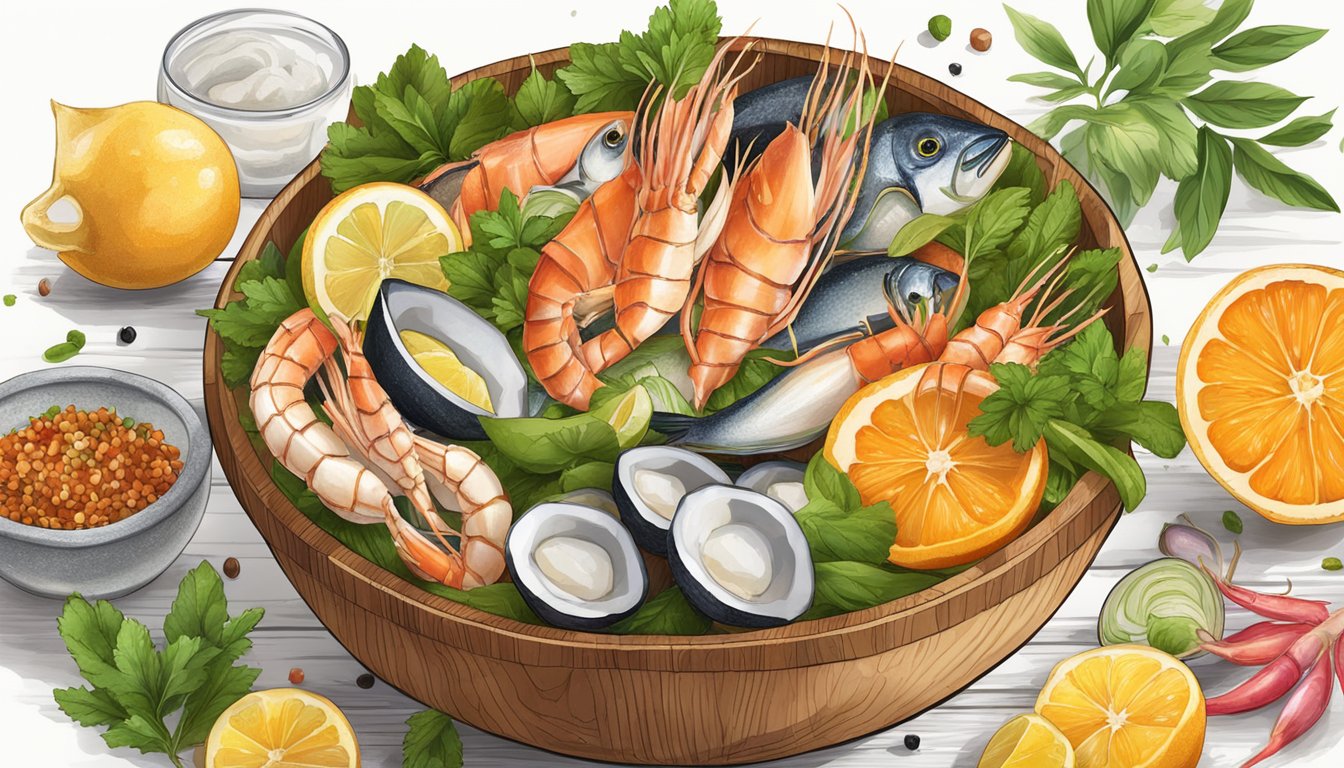 A wooden bowl filled with fresh seafood, diced vegetables, and citrus juices, surrounded by vibrant herbs and spices