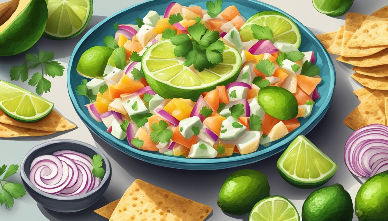 A plate of ceviche surrounded by colorful slices of lime, avocado, and cilantro, with a side of crispy tortilla chips