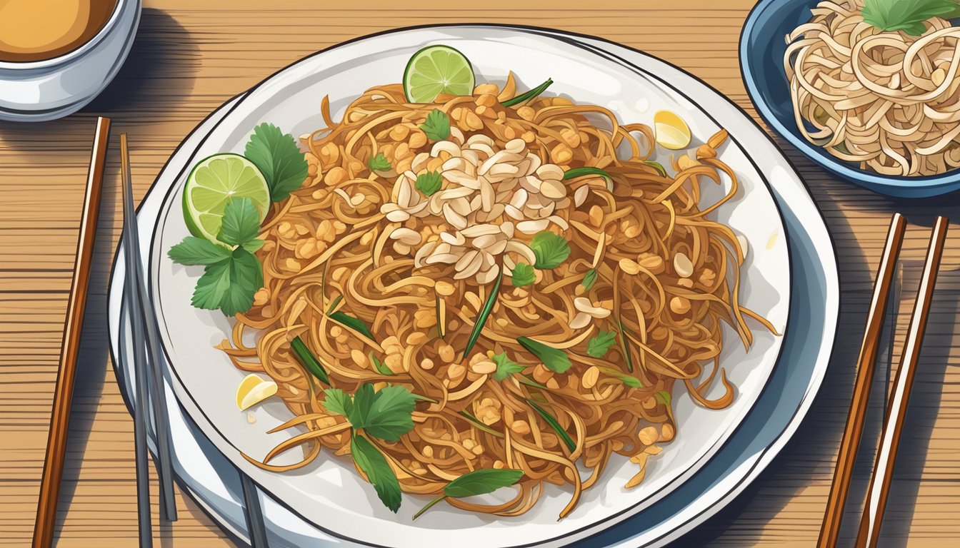 A table set with a plate of pad thai, chopsticks, and a napkin