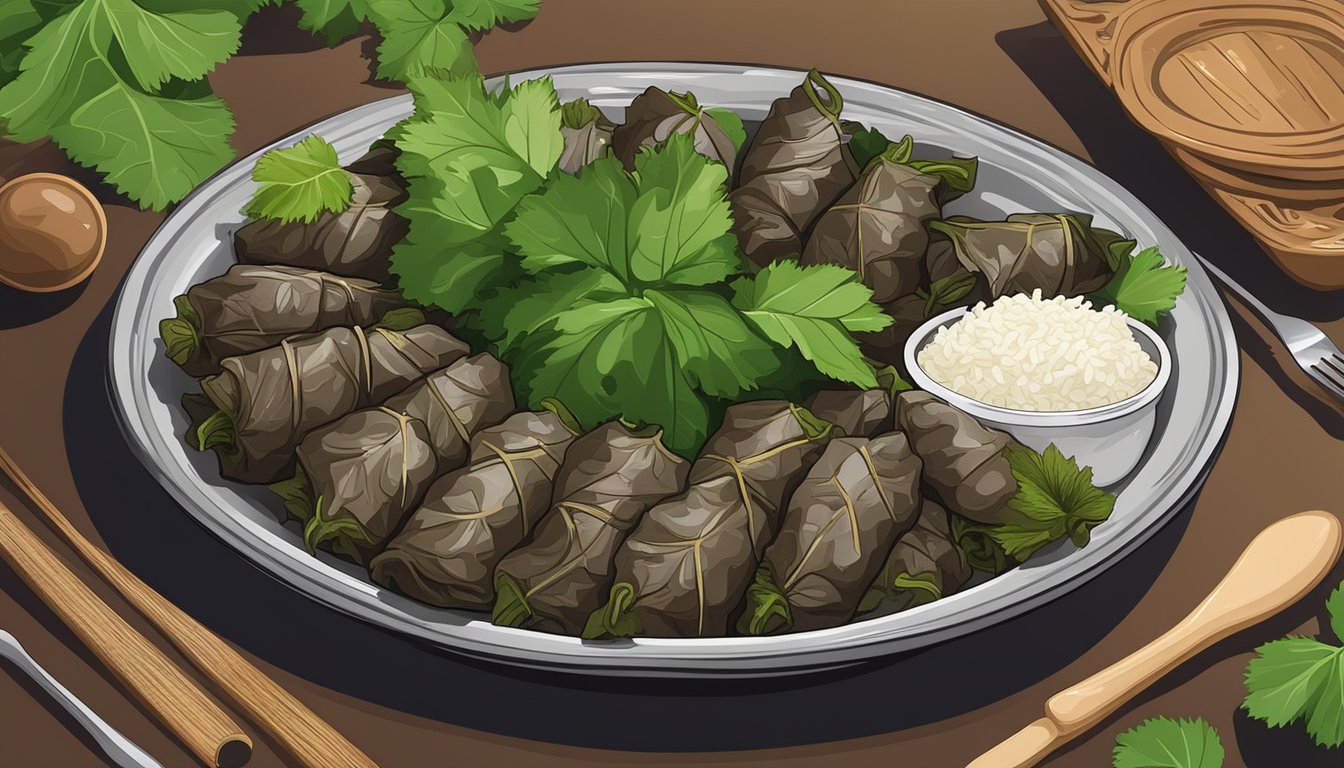 A plate of dolma surrounded by vibrant green grape leaves and filled with a mixture of rice, ground meat, and aromatic herbs