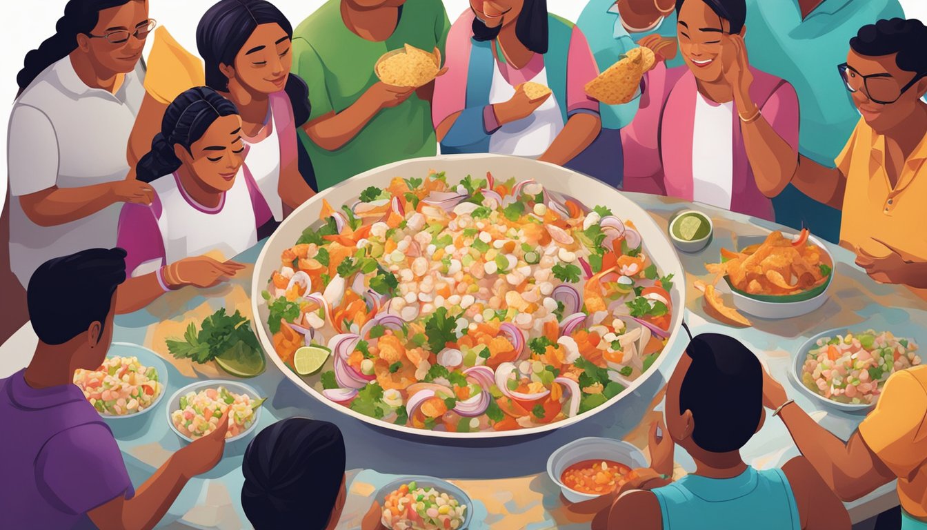 A group of people gather around a large bowl of ceviche, each using a tortilla chip to scoop up the marinated seafood and vegetables. The vibrant colors and fresh ingredients highlight the dish's cultural significance