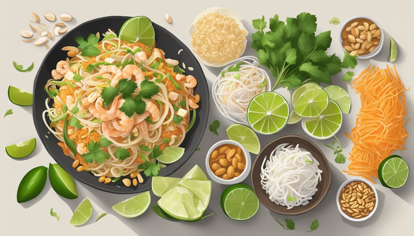 A steaming plate of pad thai surrounded by ingredients like tofu, shrimp, peanuts, bean sprouts, and lime slices