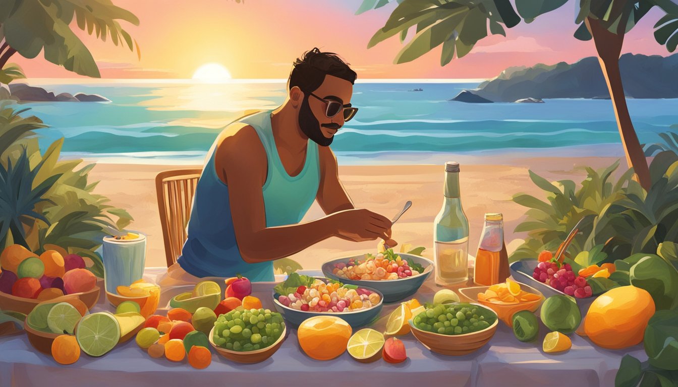 A person prepares and eats ceviche at a beachside picnic, surrounded by colorful fruits and vegetables. The sun is setting, casting a warm glow over the scene