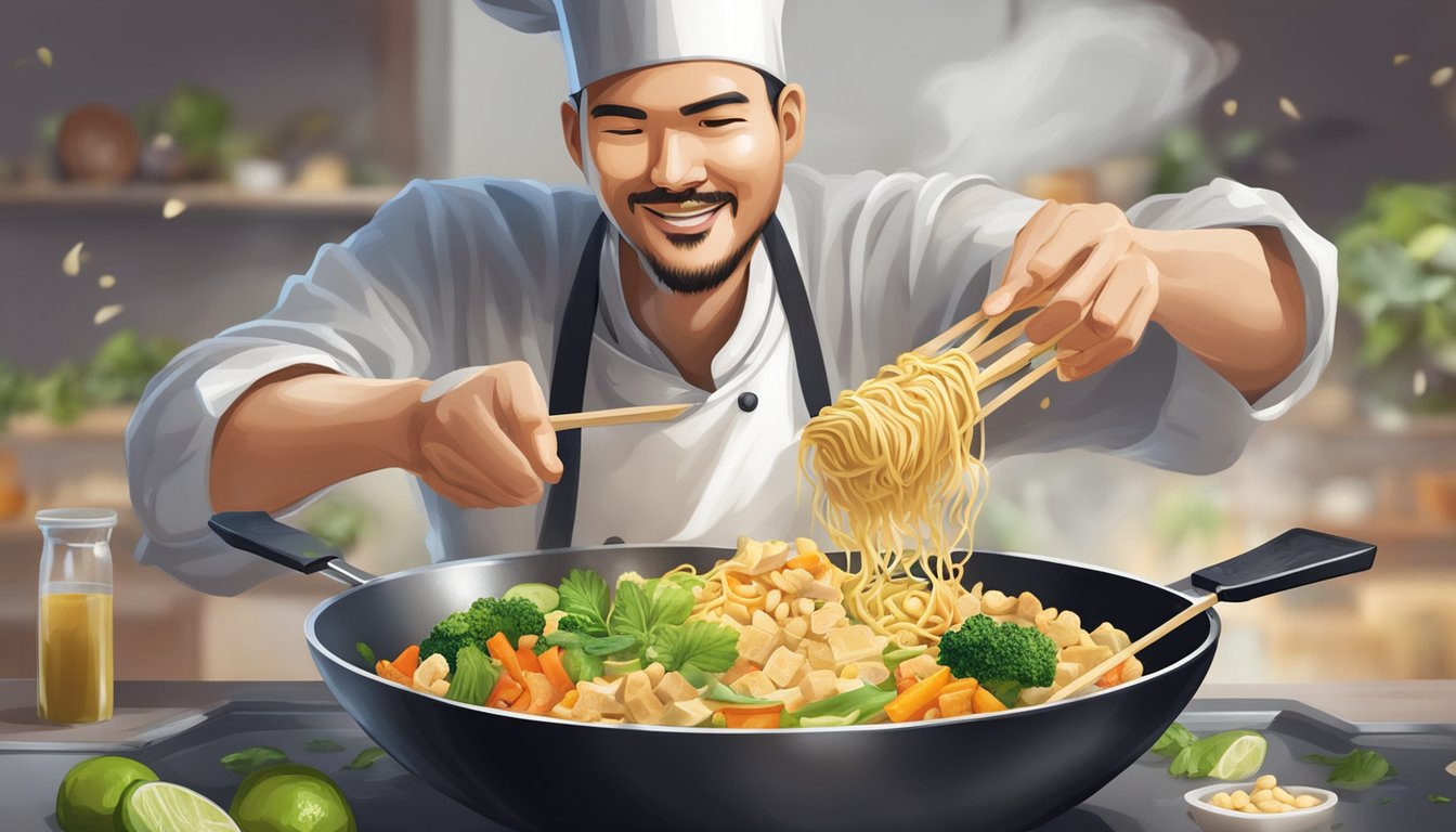 A chef tosses noodles, tofu, and vegetables in a wok, adding a savory sauce and garnishing with peanuts and lime