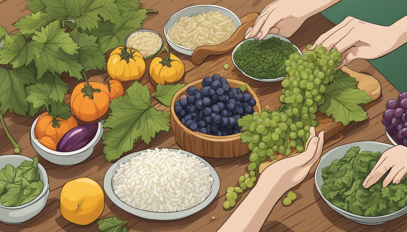 A hand reaching for grape leaves, rice, and vegetables on a table