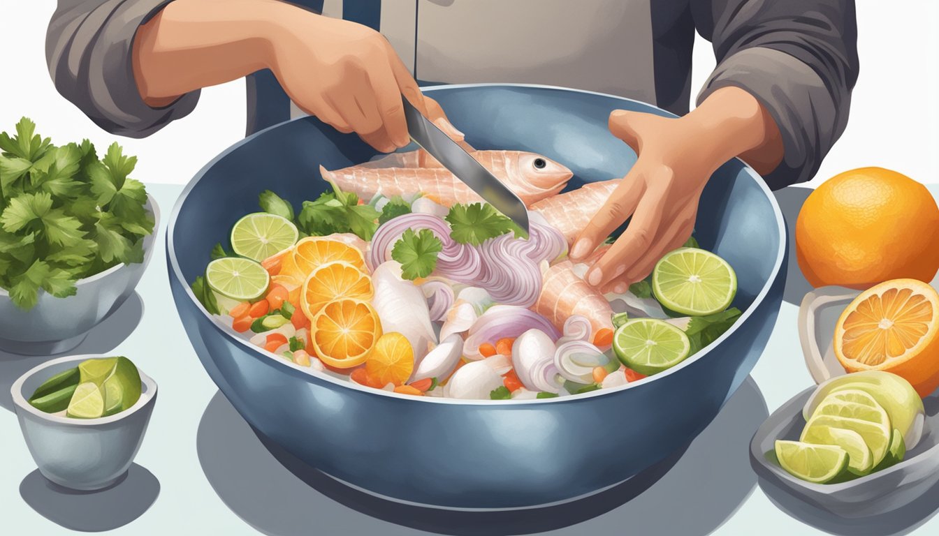 A person preparing ceviche, cutting fish and mixing with citrus juice and vegetables in a bowl