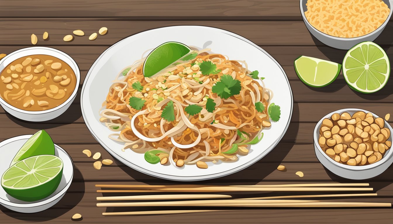 A steaming plate of pad thai sits on a wooden table, surrounded by chopsticks, lime wedges, and a small dish of crushed peanuts