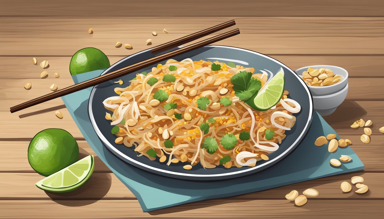 A steaming plate of pad thai sits on a wooden table, surrounded by chopsticks, a lime wedge, and a small bowl of crushed peanuts