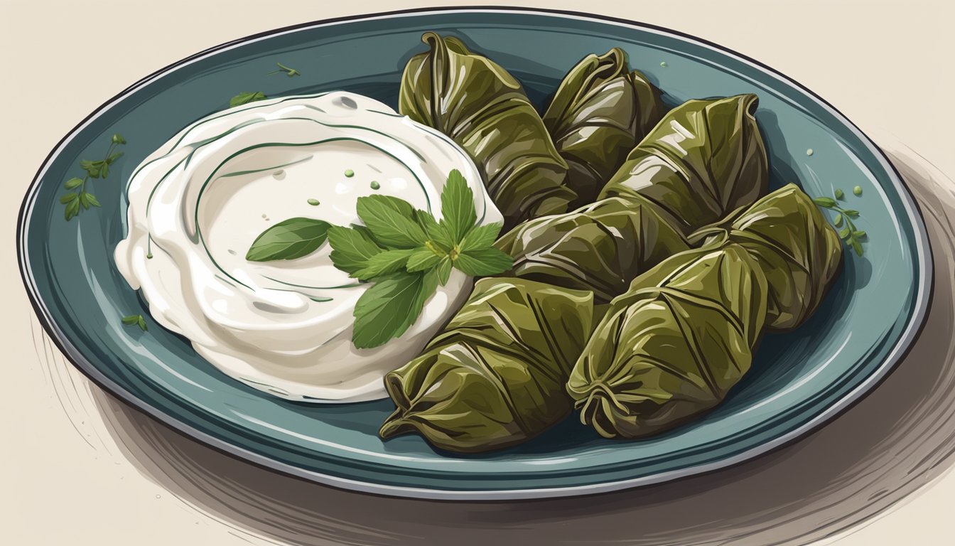 A plate of dolma arranged neatly with a side of yogurt, garnished with fresh herbs and a drizzle of olive oil