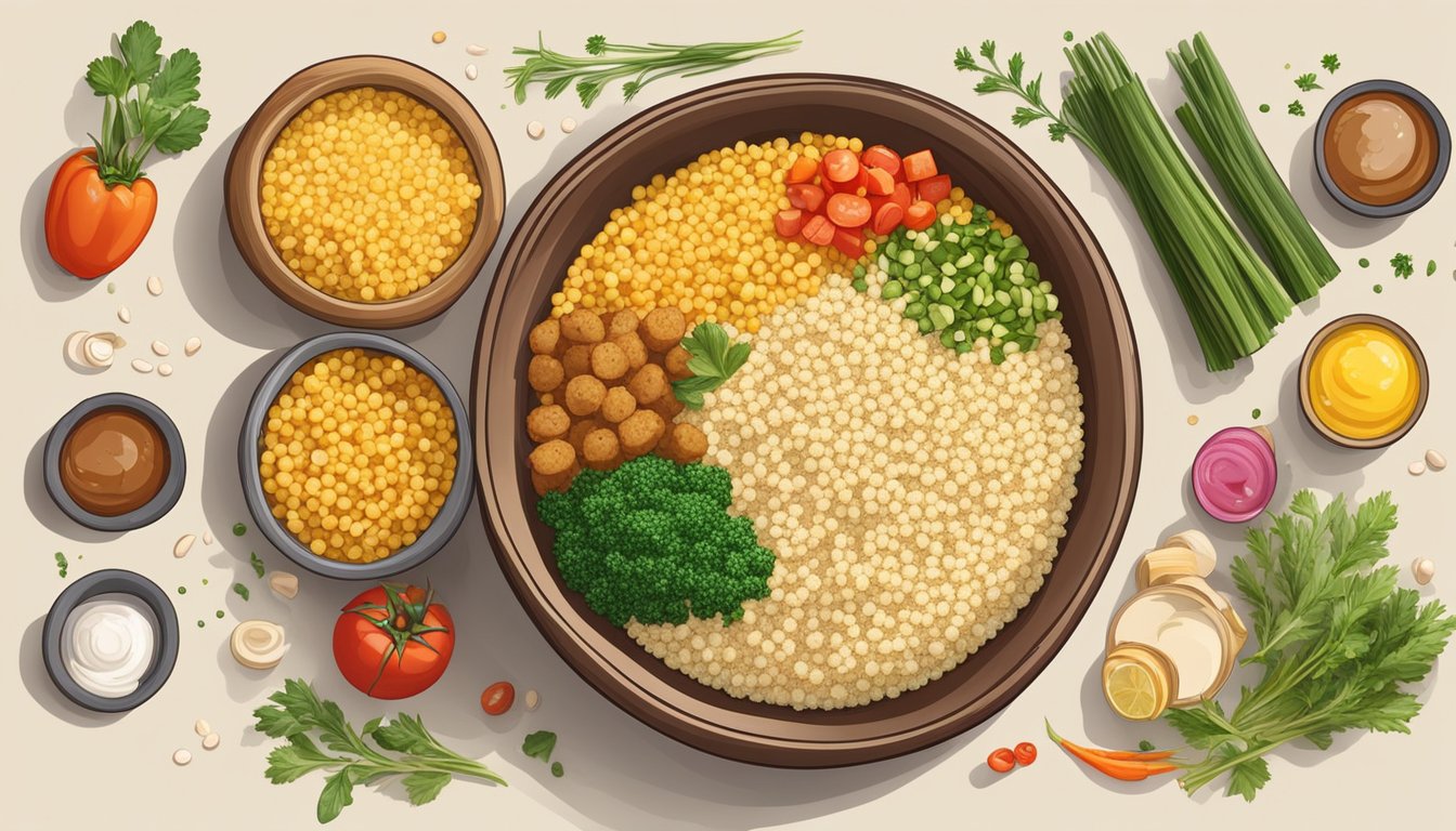 A bowl of fluffy couscous surrounded by various toppings and condiments, such as vegetables, herbs, and sauces, ready to be mixed and enjoyed