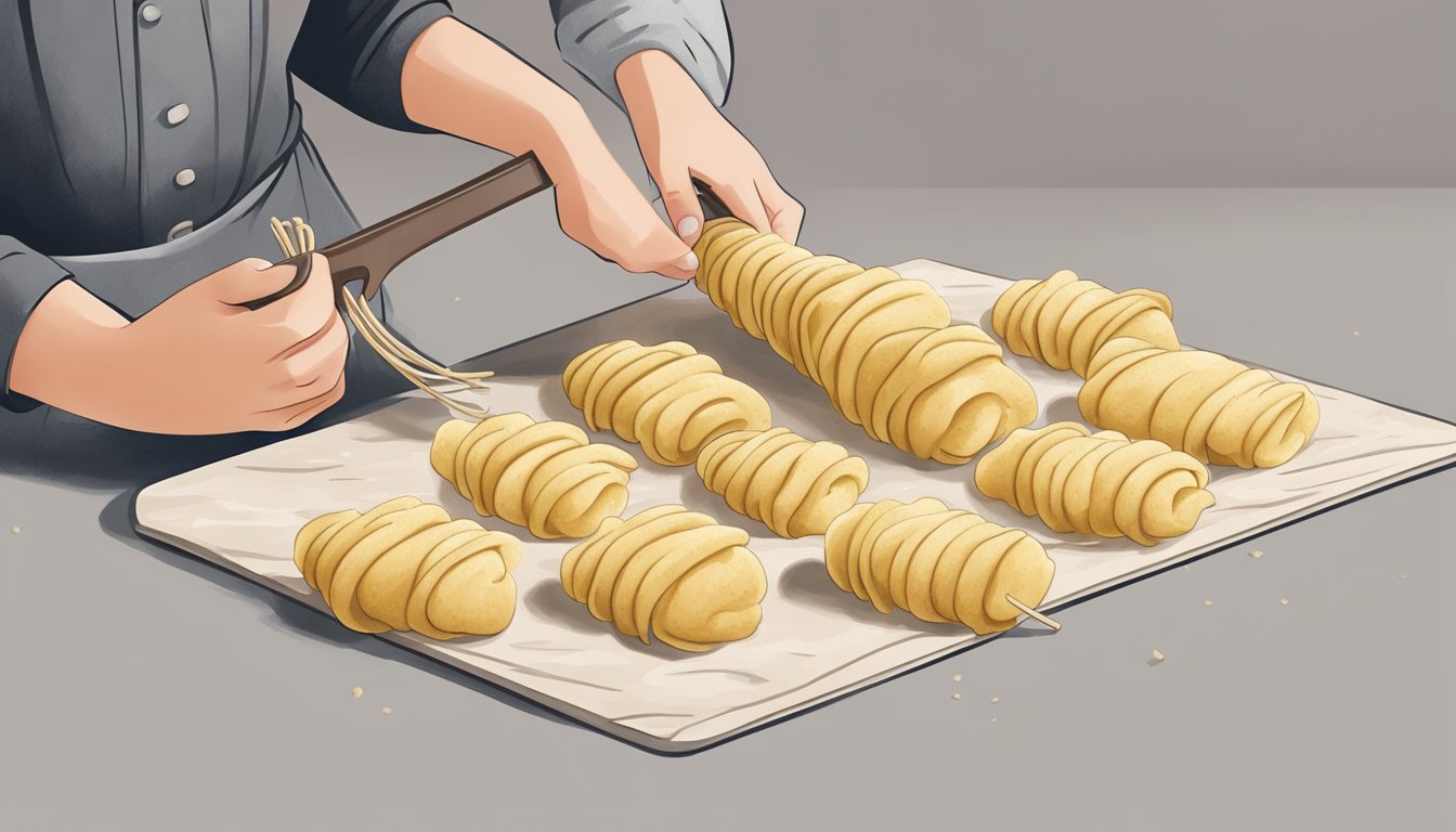 A person's hand rolls potato gnocchi dough into long ropes, then cuts them into bite-sized pieces