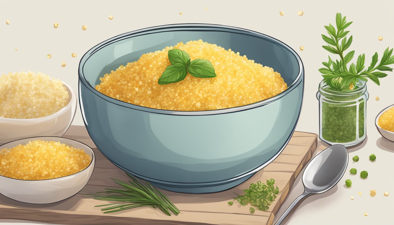 A bowl of fluffy couscous with a fork resting on the side. A sprinkle of herbs adds color to the dish