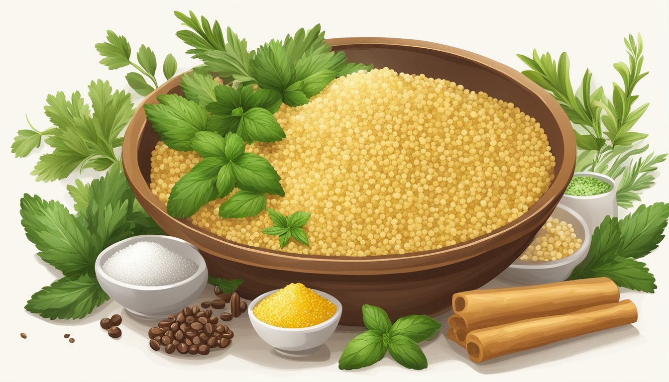 A bowl of couscous surrounded by various herbs, spices, and condiments, such as salt, pepper, olive oil, and fresh herbs like parsley and mint