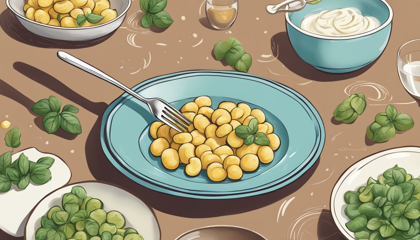 A plate of gnocchi being twirled onto a fork from a serving dish