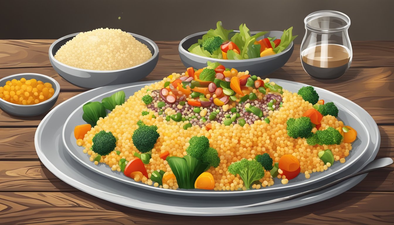 A plate of couscous topped with colorful vegetables and drizzled with aromatic sauce, served on a rustic wooden table