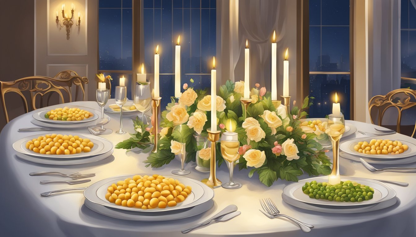 A table set with elegant dishes of gnocchi, surrounded by candles and flowers, with people enjoying the special occasion