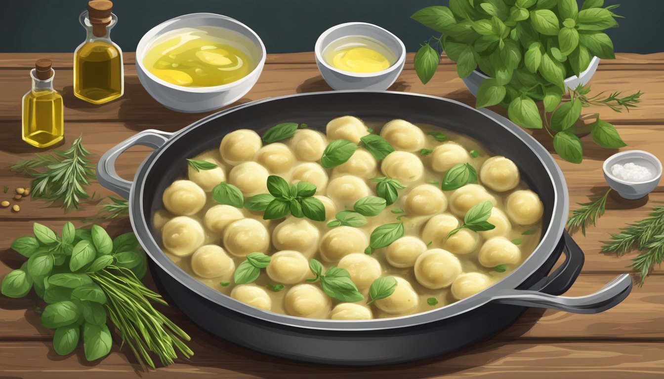 A steaming plate of gnocchi sits on a rustic wooden table, surrounded by fresh herbs and a small bowl of olive oil. A pot of boiling water simmers on the stove