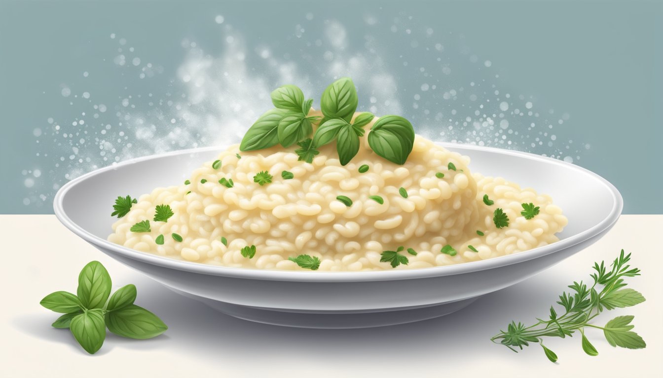 A fork twirls creamy risotto, steam rising from the dish. A sprinkle of fresh herbs adds color to the rich, velvety texture