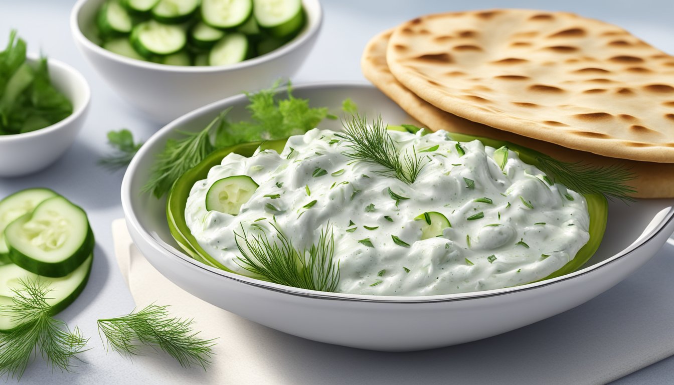 A bowl of tzatziki surrounded by fresh cucumber, garlic, and dill. A dollop of tzatziki on a pita bread