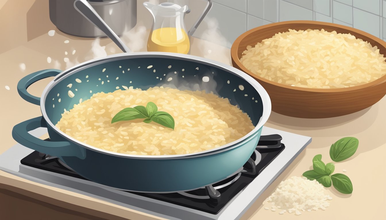 A pot of risotto simmers on a stovetop, steam rising as a wooden spoon stirs in the creamy mixture. A bowl of freshly grated parmesan sits nearby