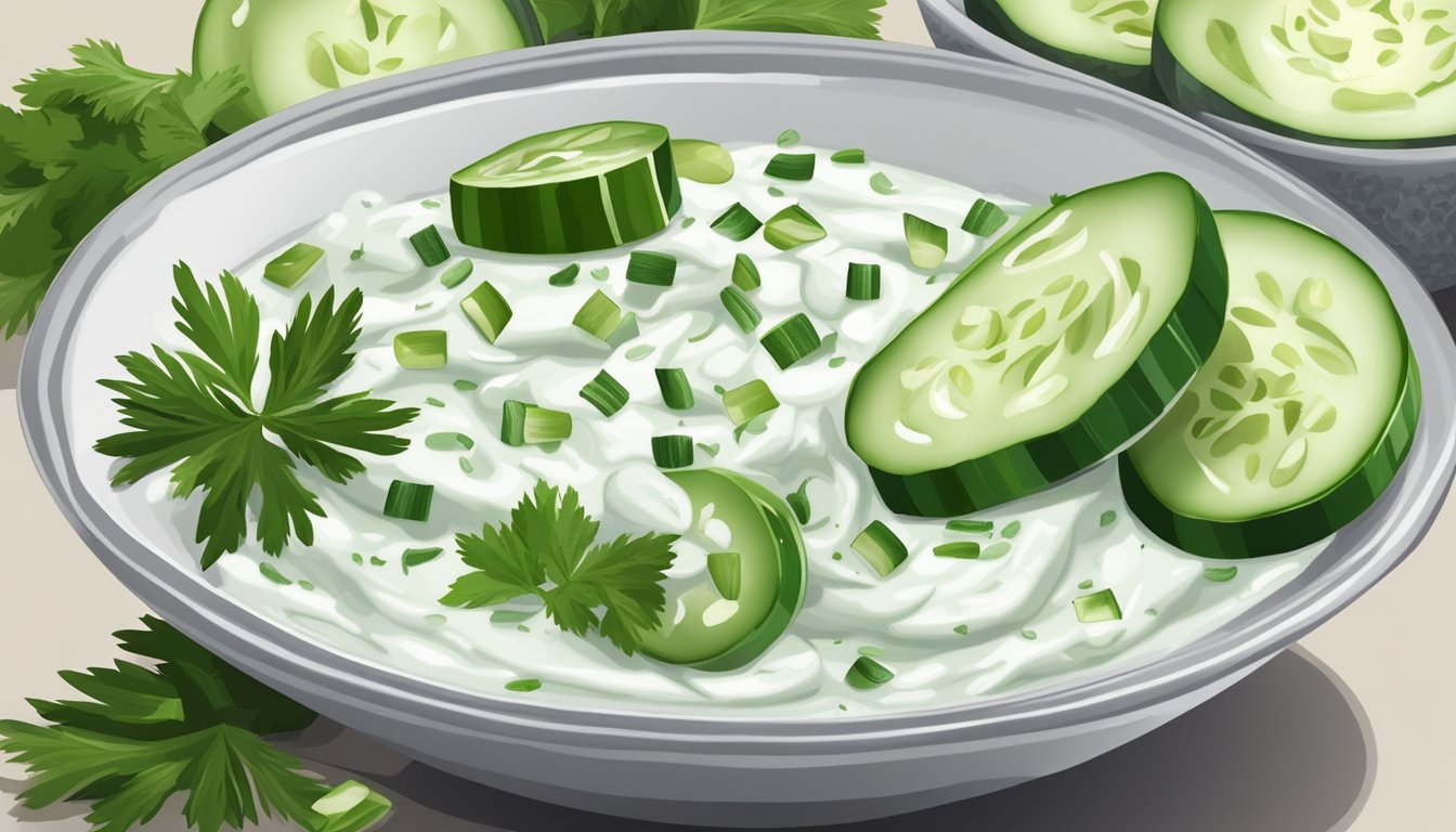 A small bowl of tzatziki surrounded by cucumber slices, garlic cloves, and a sprig of dill