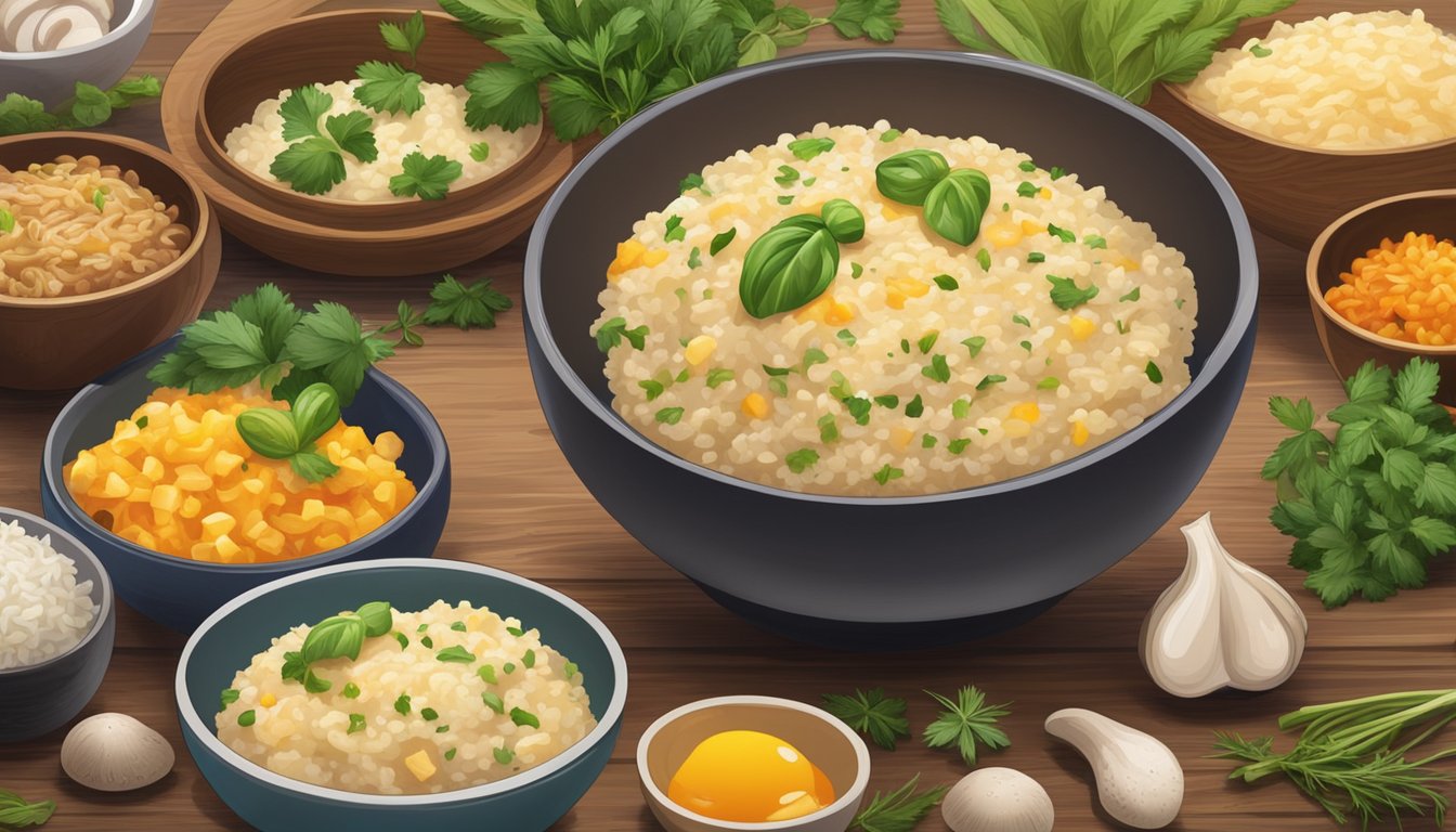 A steaming bowl of risotto sits on a rustic wooden table, surrounded by colorful bowls of toppings such as grated cheese, fresh herbs, and sautéed mushrooms