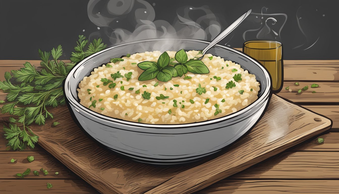 A steaming bowl of risotto sits on a rustic wooden table, garnished with fresh herbs and grated cheese. A fork is poised to scoop up a mouthful