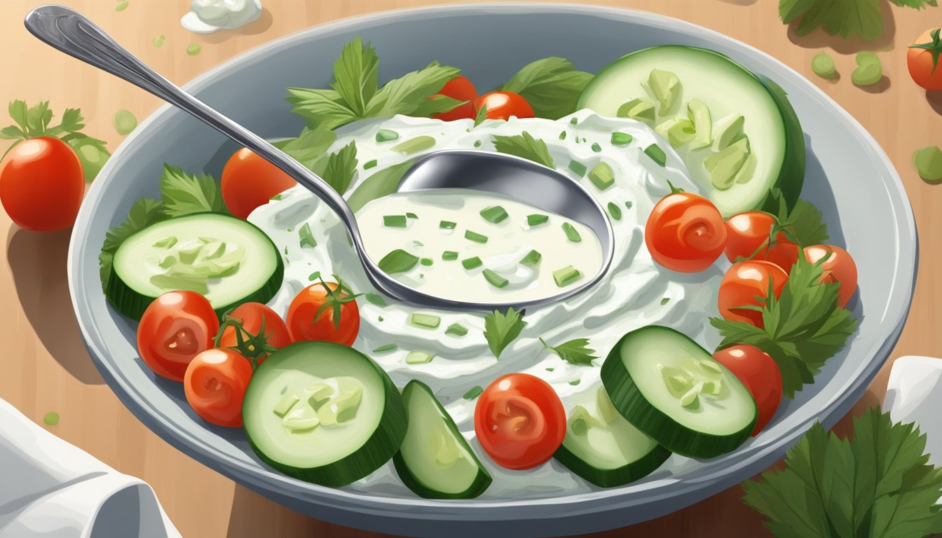 A bowl of tzatziki surrounded by sliced cucumbers, cherry tomatoes, and pita bread, with a dollop of the sauce on a spoon