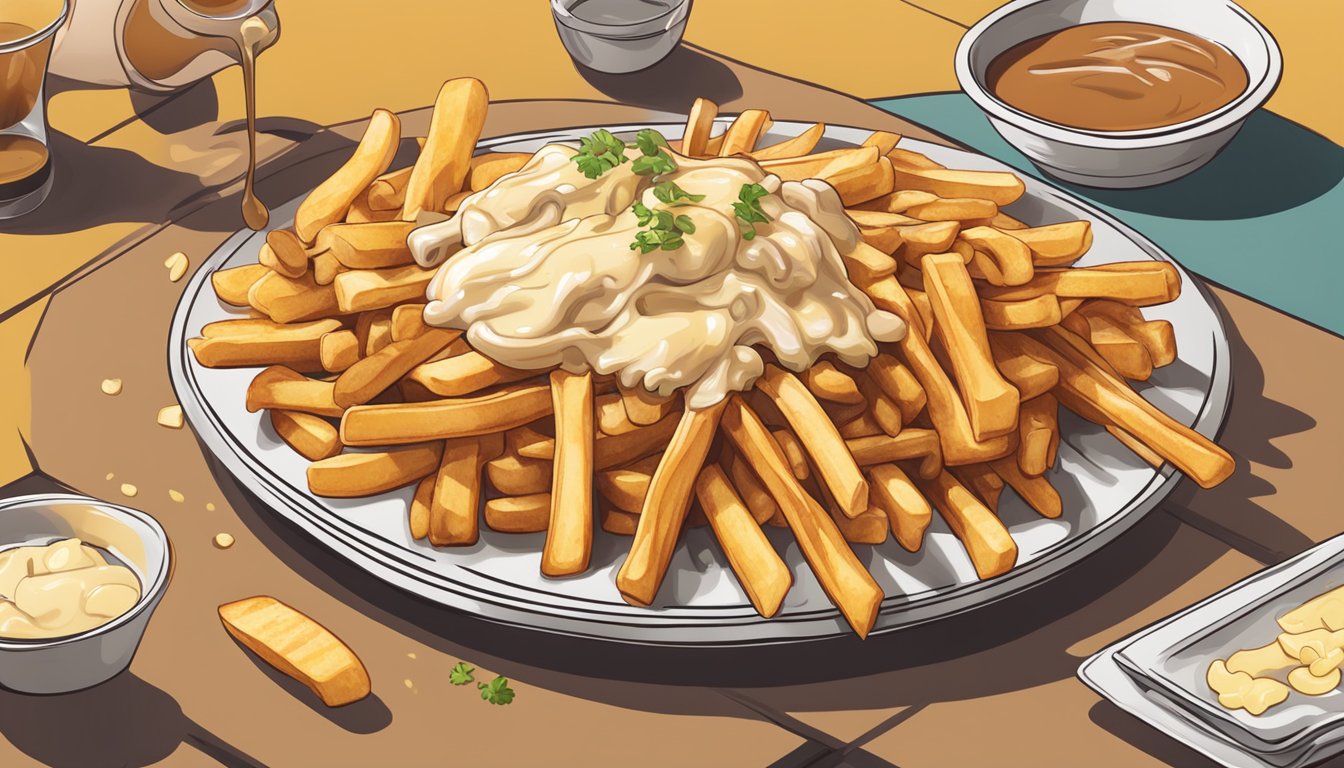 A steaming plate of poutine being assembled with crispy fries, cheese curds, and rich gravy pouring over the top