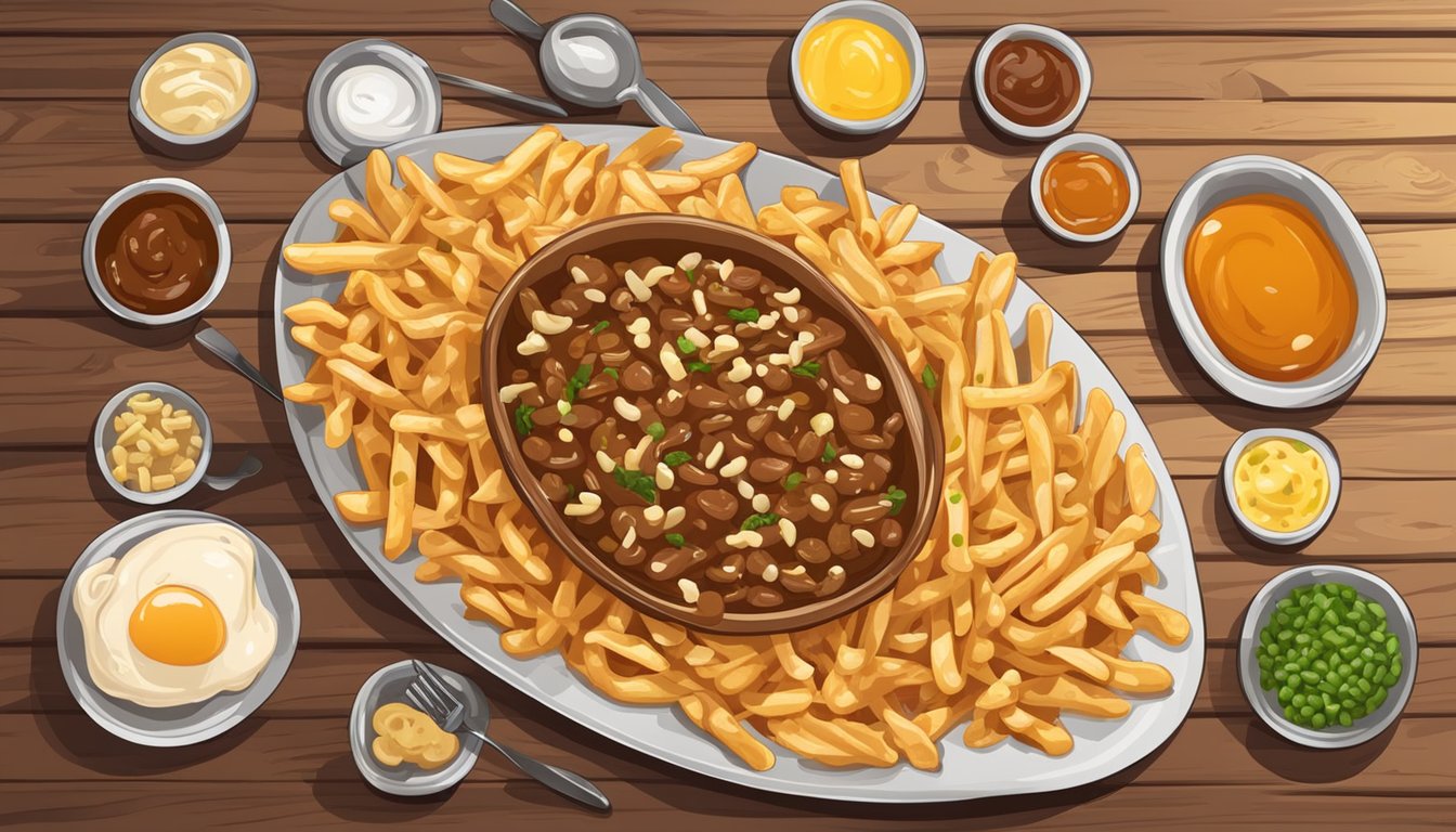 A plate of poutine with various toppings, surrounded by different utensils, sauces, and condiments on a wooden table