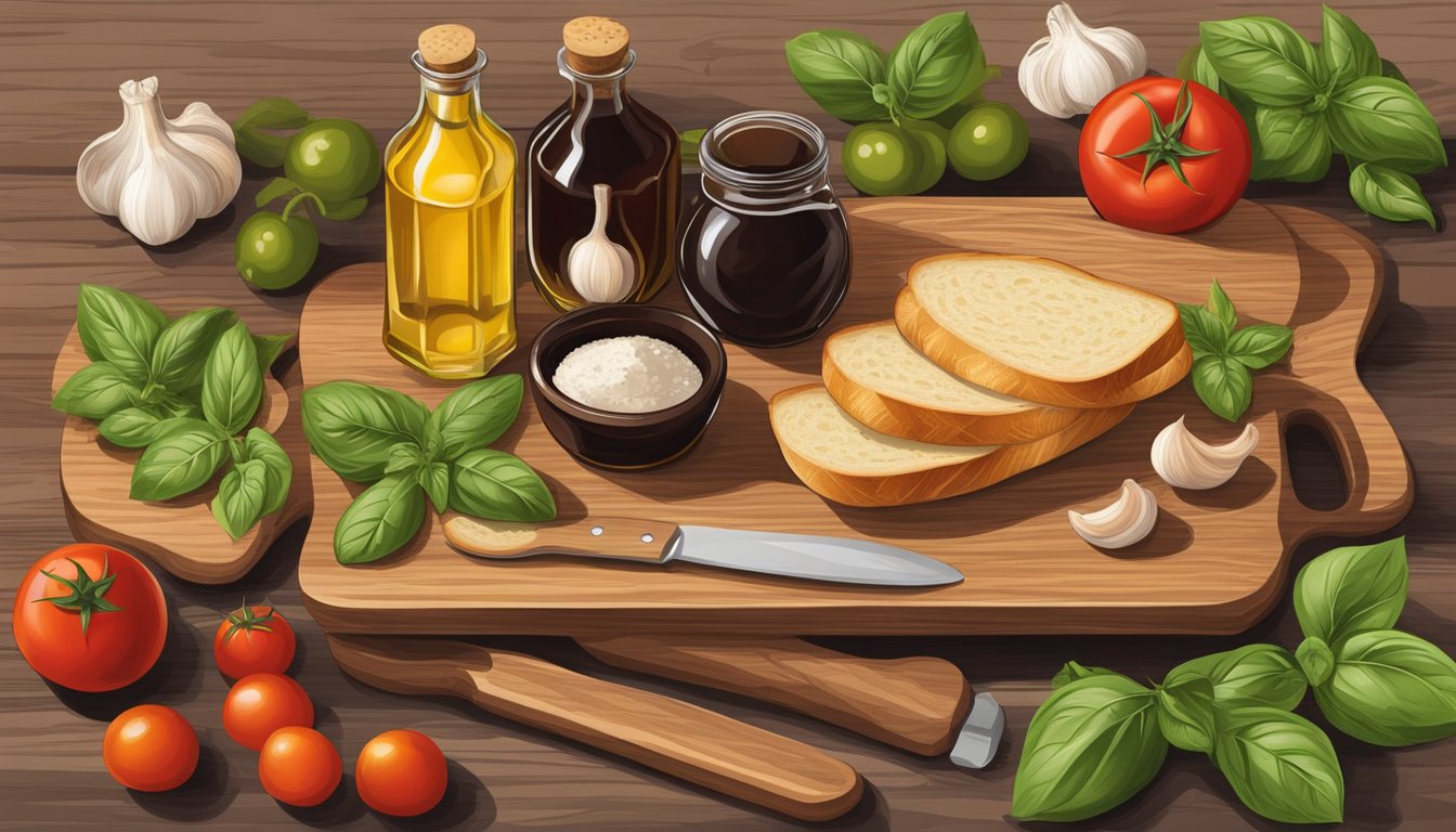 A wooden cutting board with sliced baguette, tomatoes, basil, and garlic, surrounded by olive oil and balsamic vinegar bottles