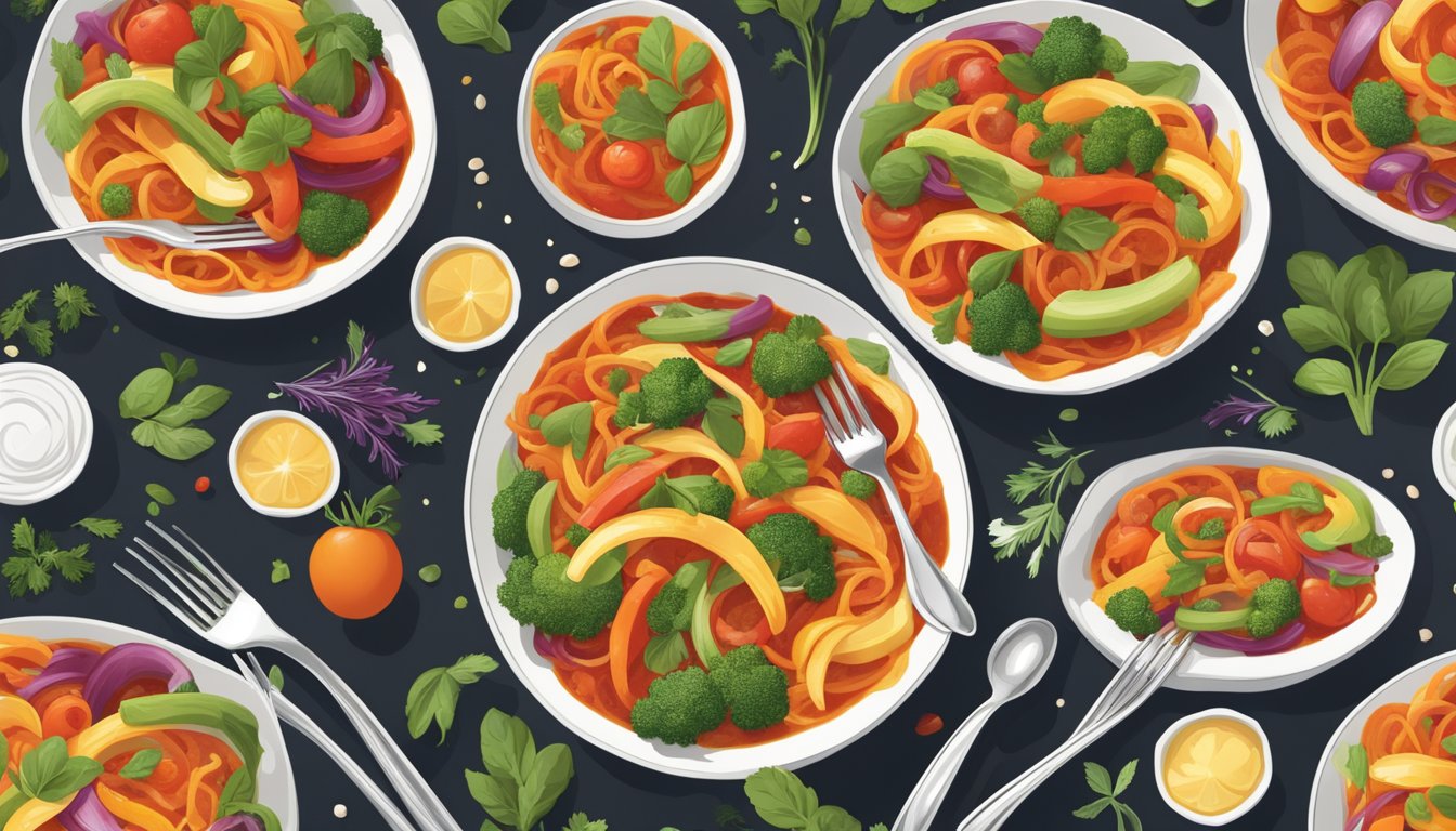 A fork twirls through a colorful medley of sliced vegetables and herbs, nestled in a pool of rich tomato sauce