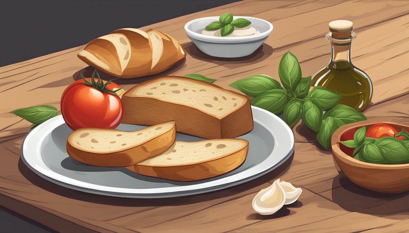 A rustic wooden table set with fresh tomatoes, basil, garlic, olive oil, and crusty bread, ready to be assembled into traditional bruschetta