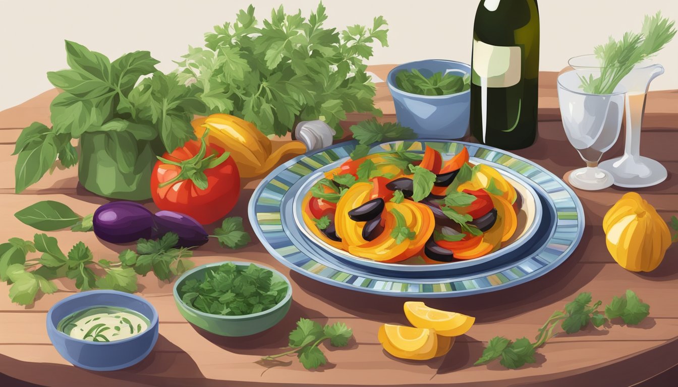 A table set with a colorful plate of ratatouille surrounded by fresh herbs and a glass of wine