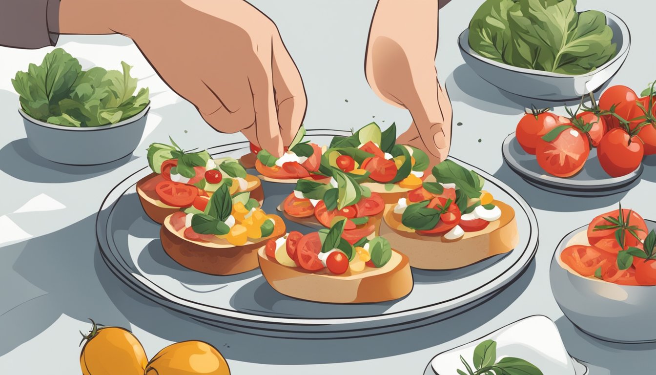 A plate of bruschetta surrounded by fresh ingredients, with a person reaching for a piece