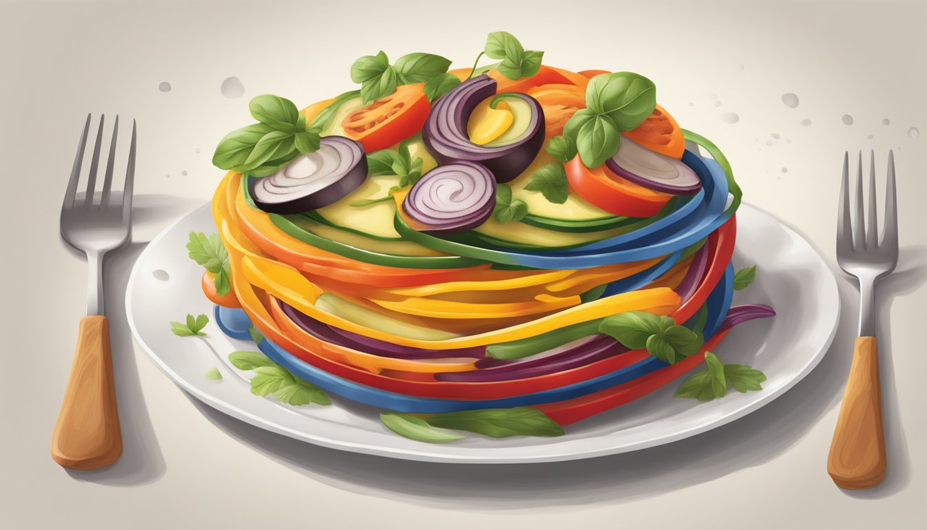 A fork twirls through layers of colorful ratatouille, mixing the vegetables in a medley of flavors