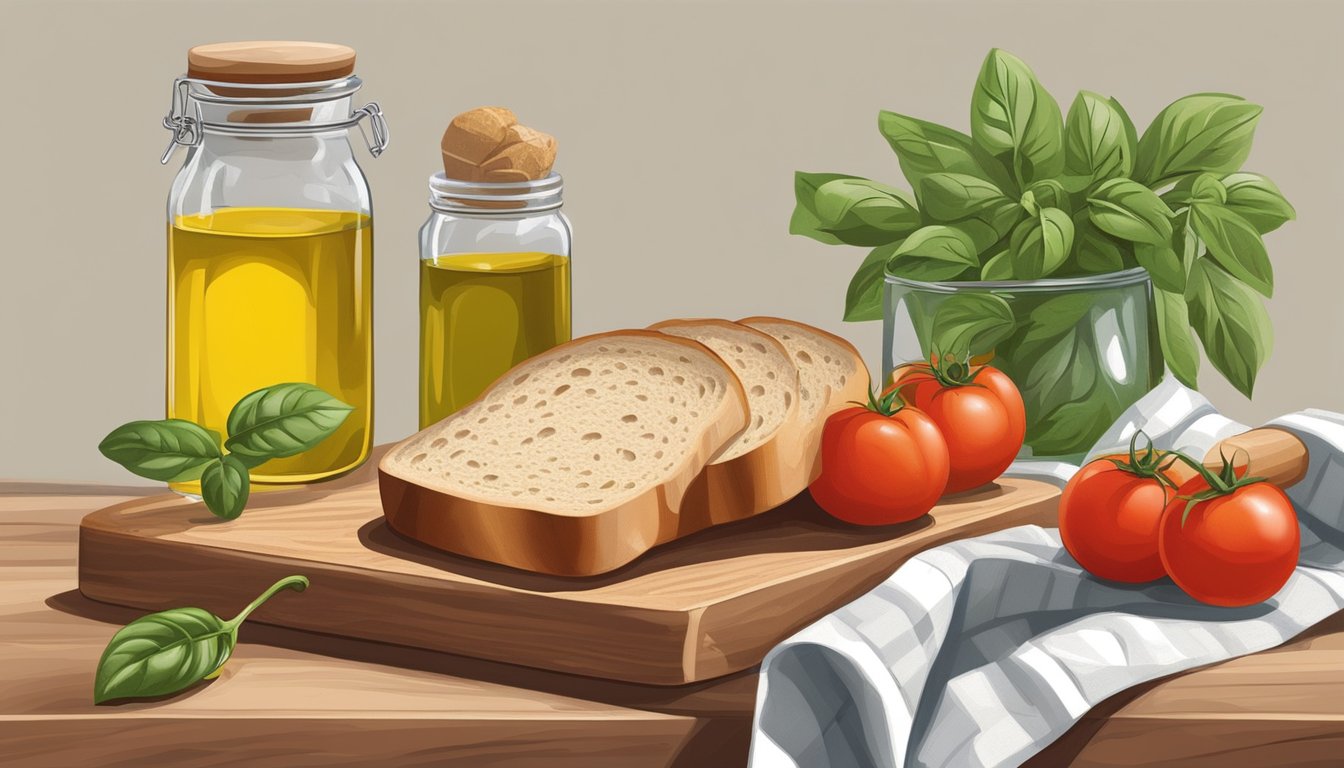 A wooden cutting board with freshly sliced tomatoes, basil, and garlic, alongside a jar of olive oil and a loaf of crusty bread