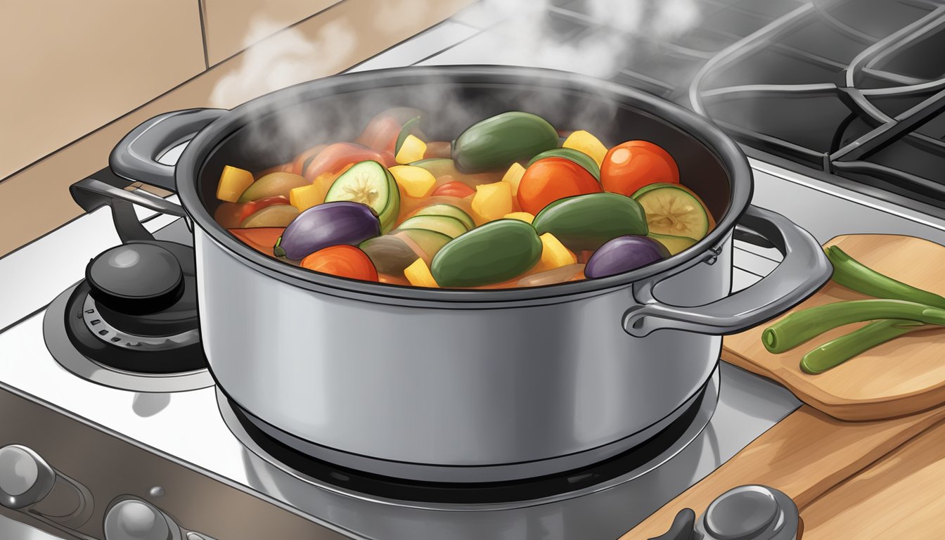 A pot of ratatouille being heated on a stove, with steam rising and a serving spoon nearby