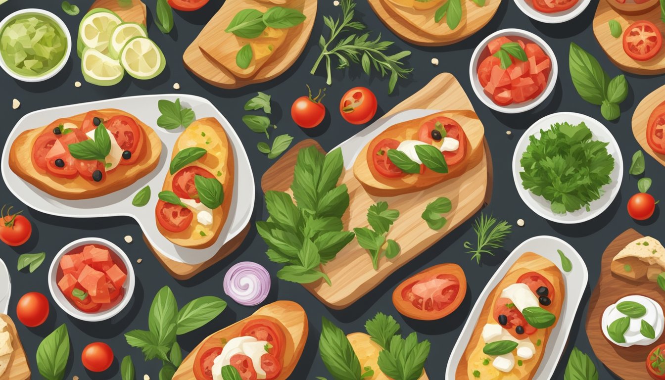 A plate of bruschetta with various toppings arranged neatly on a wooden serving board, surrounded by fresh herbs and ingredients