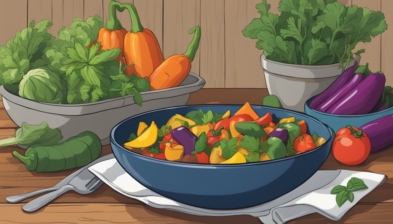 A bowl of ratatouille sits on a rustic wooden table, surrounded by colorful vegetables and herbs. A fork is poised to scoop up a bite