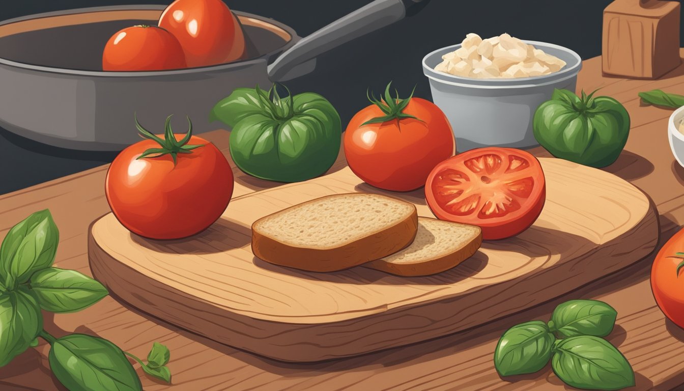 Fresh tomatoes, basil, and garlic are being chopped on a wooden cutting board. A loaf of crusty bread is being sliced and toasted in the background